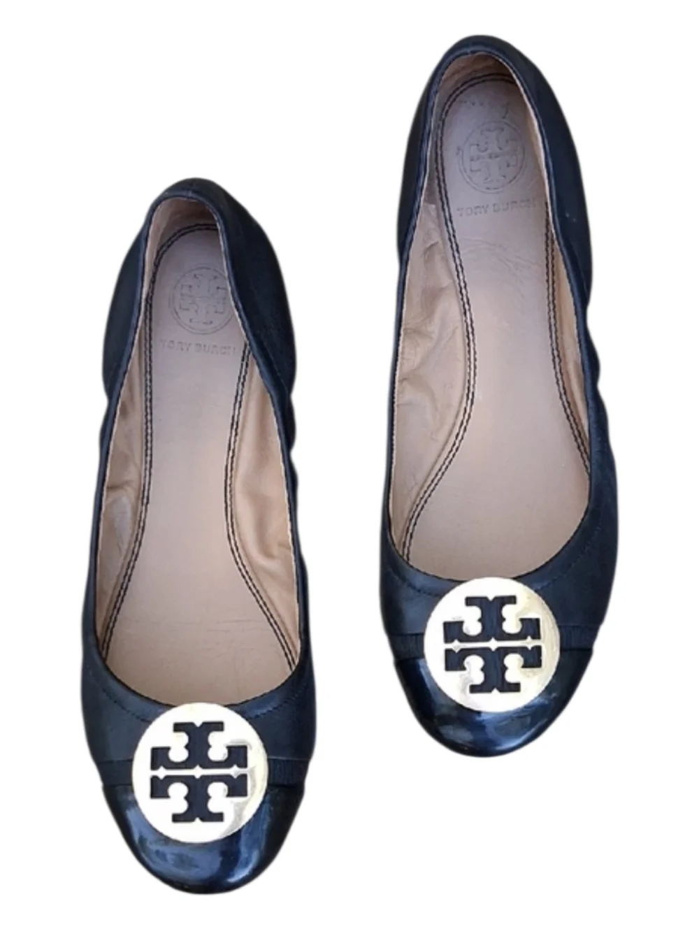 Tory Burch Minnie Travel Ballet Flats Black Leather Patent Cap Toe Size 8